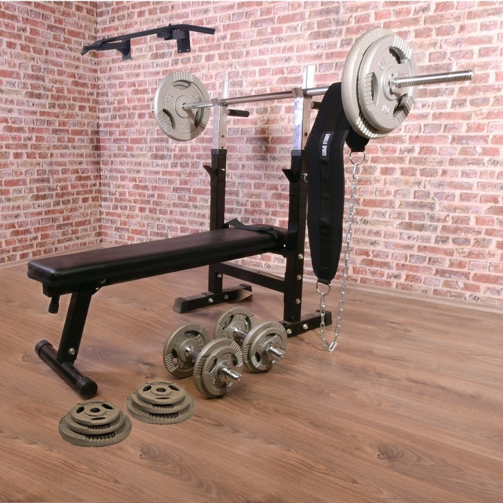 Namų sporto salės rinkinys su suolu ir štangos rinkiniu 100 kg