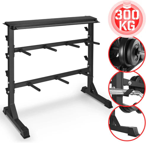 3-in-1 svorių stovas 30 mm svorių diskams, hanteliams ir štangų grifams, juodas