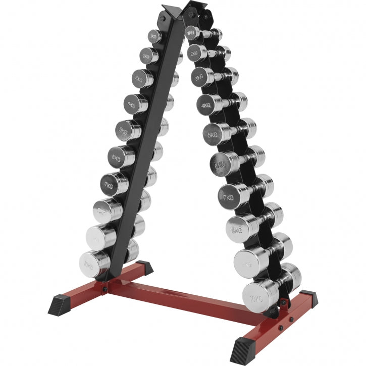Chromuotų hantelių rinkinys 110 kg su stovu
