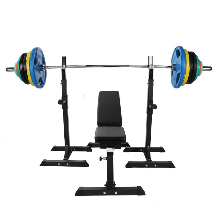 Nuožulnus suolas ir pritūpimų stovai su 150 kg štangos rinkiniu