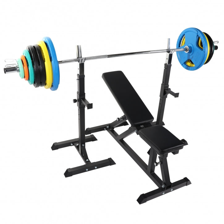 Nuožulnus suolas ir pritūpimų stovai su 150 kg štangos rinkiniu
