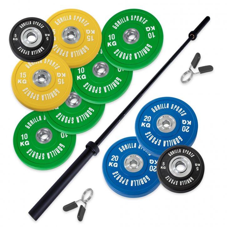 Bumper Plate štangos rinkinys 140 kg su juodu grifu