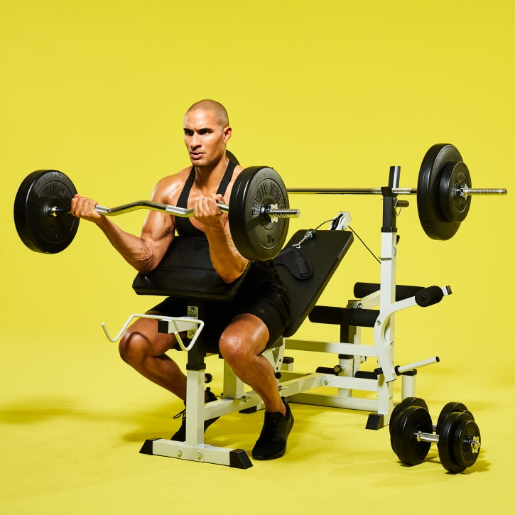 Reguliuojamas sunkiosios atletikos suolas + 100 kg štangos rinkinys, baltas