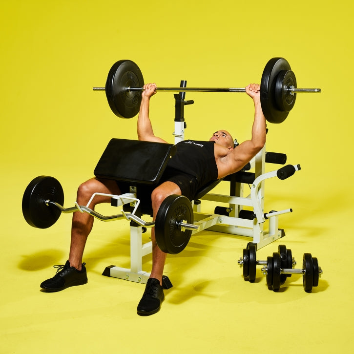 Reguliuojamas sunkiosios atletikos suolas + 100 kg štangos rinkinys, baltas