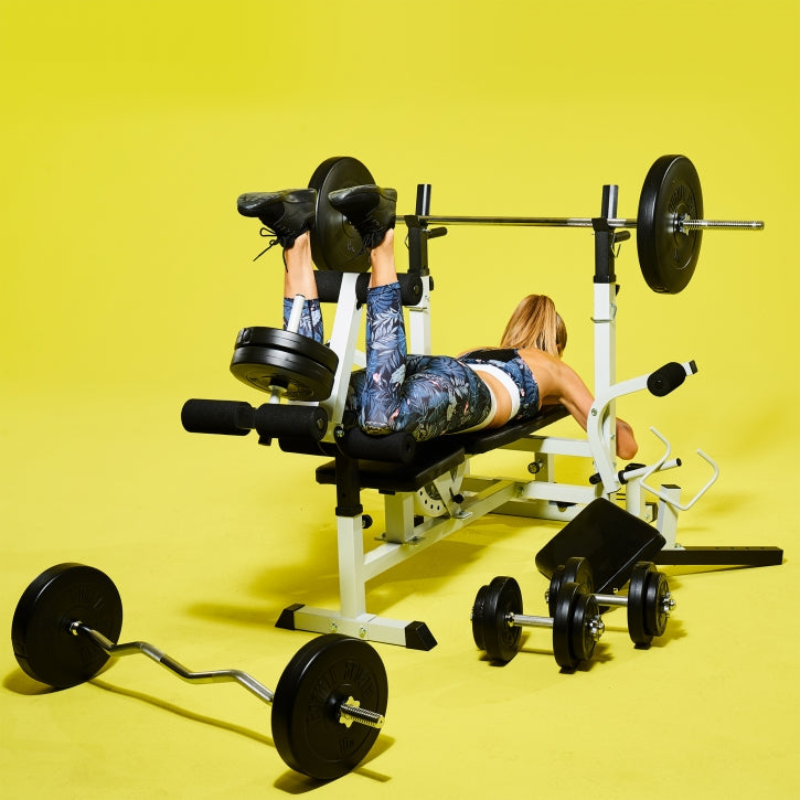 Reguliuojamas sunkiosios atletikos suolas + 100 kg štangos rinkinys, baltas