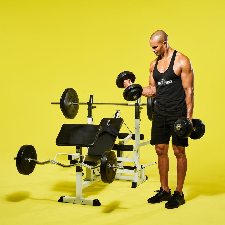 Reguliuojamas sunkiosios atletikos suolas + 100 kg štangos rinkinys, baltas