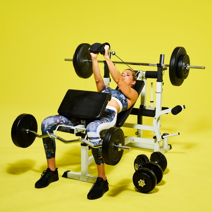 Reguliuojamas sunkiosios atletikos suolas + 100 kg štangos rinkinys, baltas