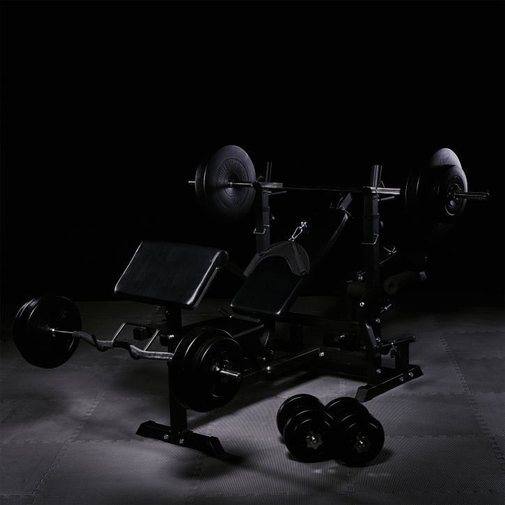 Reguliuojamas sunkumų kilnojimo suolas + 100 kg štangos rinkinys, Black Edition