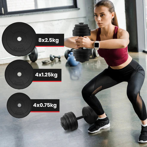 Reguliuojamas hantelių rinkinys 30 kg, plastiku dengti svorių diskai 25 mm