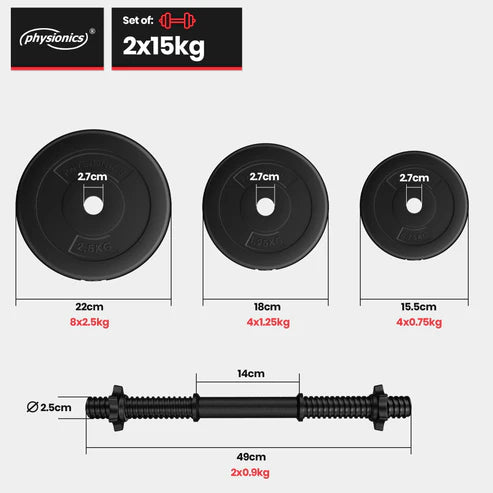 Reguliuojamas hantelių rinkinys 30 kg, plastiku dengti svorių diskai 25 mm