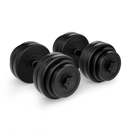 Reguliuojamas hantelių rinkinys 30 kg, plastiku dengti svorių diskai 25 mm