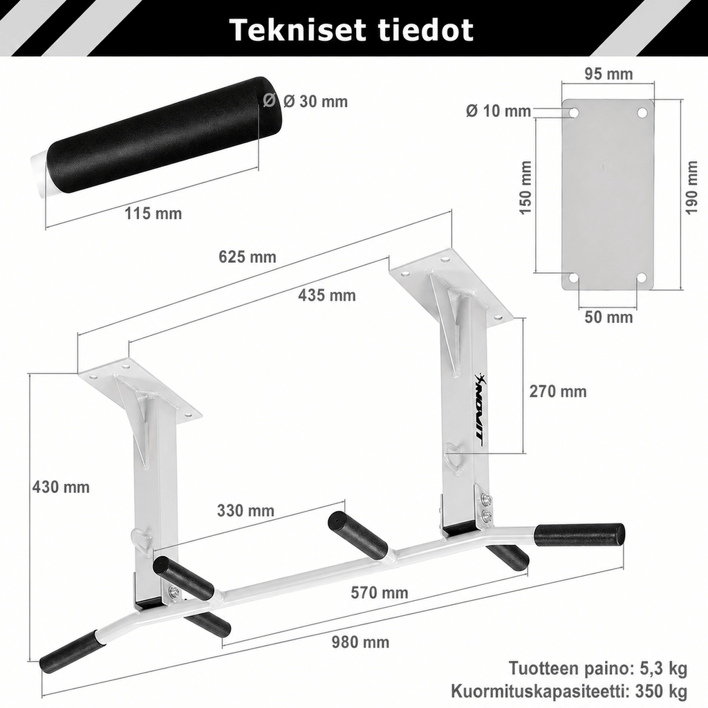Lubinis prisitraukimų skersinis 350 kg, kelių paėmimų modelis – juodas/baltas