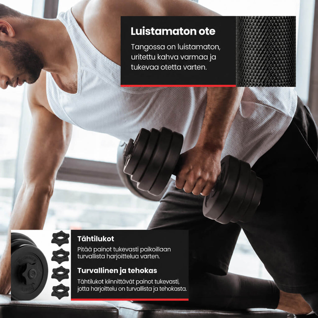 Reguliuojamas hantelių rinkinys 30 kg, plastiku dengti svorių diskai 25 mm